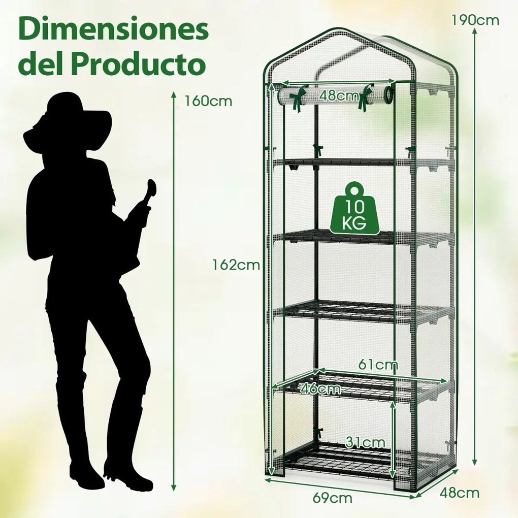 Mini estufa para interior e exterior 69 x 48 x 190 cm com 5 estantes, cobertura em PE e estrutura metálica antiferrugem jardim Verde+transparenet