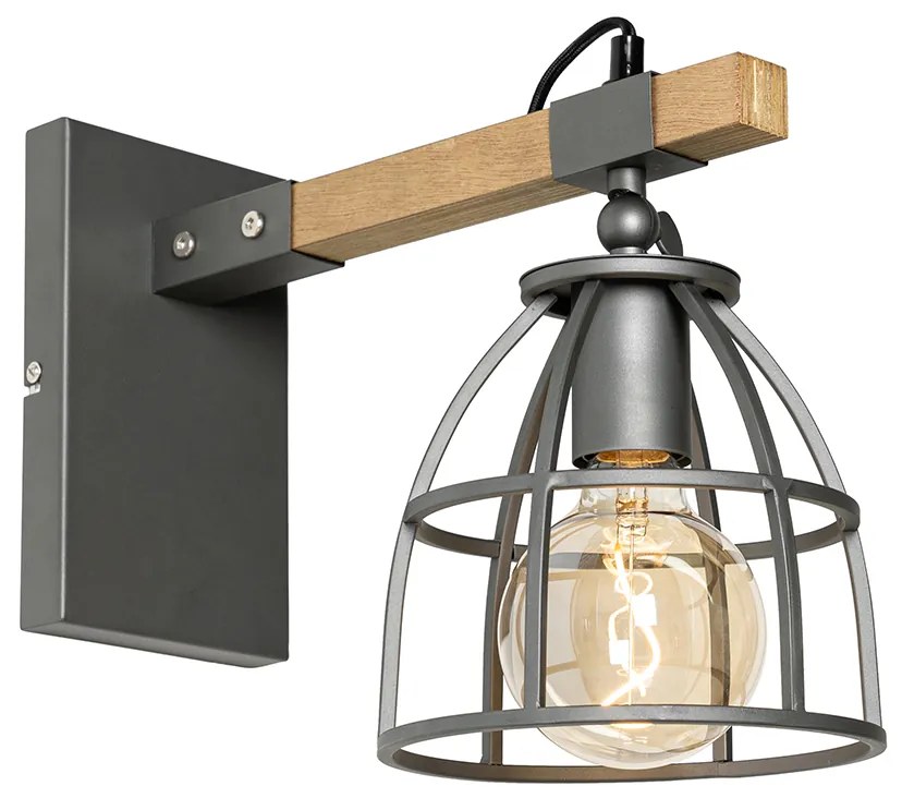 Candeeiro de parede industrial cinzento escuro com madeira ajustável - Arthur