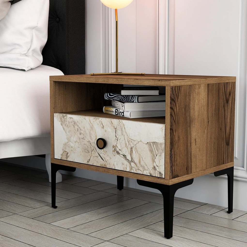 Mesa de Cabeceira Lizbon500 – Nogueira/Branco – 56x50,8x40 cm
