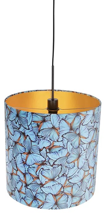 Candeeiro de suspensão com abajur de veludo borboletas com dourado 40 cm - Combi Clássico / Antigo
