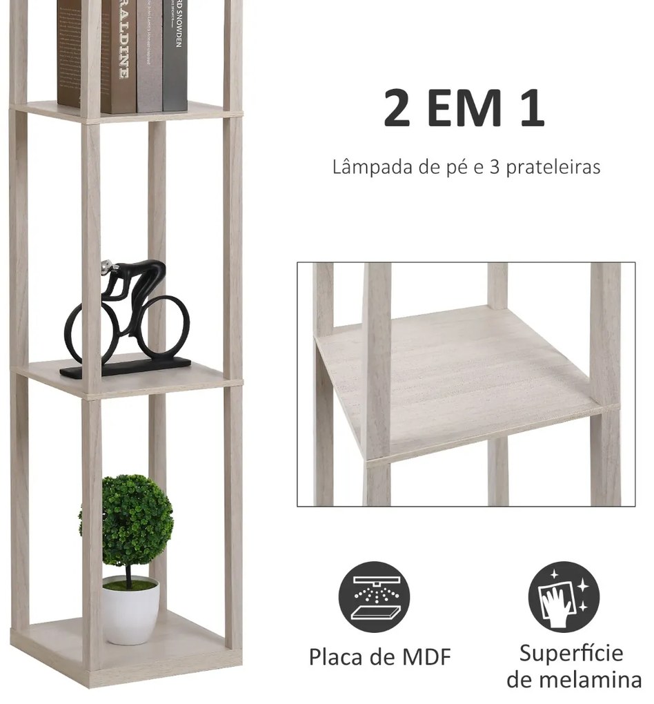 Candeeiro de Pé de Madeira com 3 Prateleiras De Armazenamento para Lâmpada E27 Potência Máx. 40W Candeeiro Moderno para Sala de Estar Dormitório 26x26