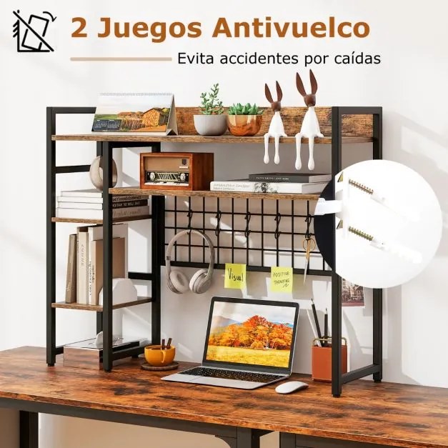Estante para meter sobre mesa com 4 níveis e compartimento aberto na parte traseira e 6 ganchos 94 x 25 x 73,5 cm castanho