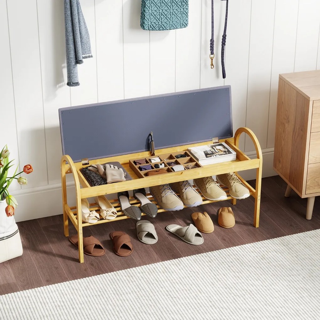 Banco de bambu para sapatos 101 x 31 x 51 cm com tampa rebatível acolchoada, compartimento oculto para sala Cinzento