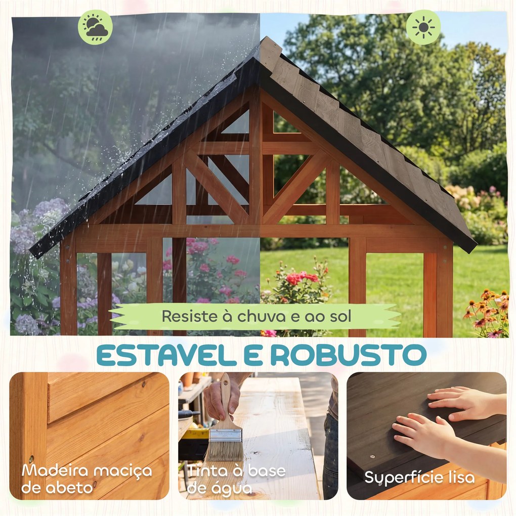 Casa Brincar Exterior e Interior de Madeira com Barra de Snacks e Bancos Mesa Lateral Lavatório Floreiras Castanho Claro