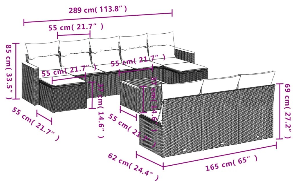 11 pcs conjunto sofás de jardim c/ almofadões vime PE preto