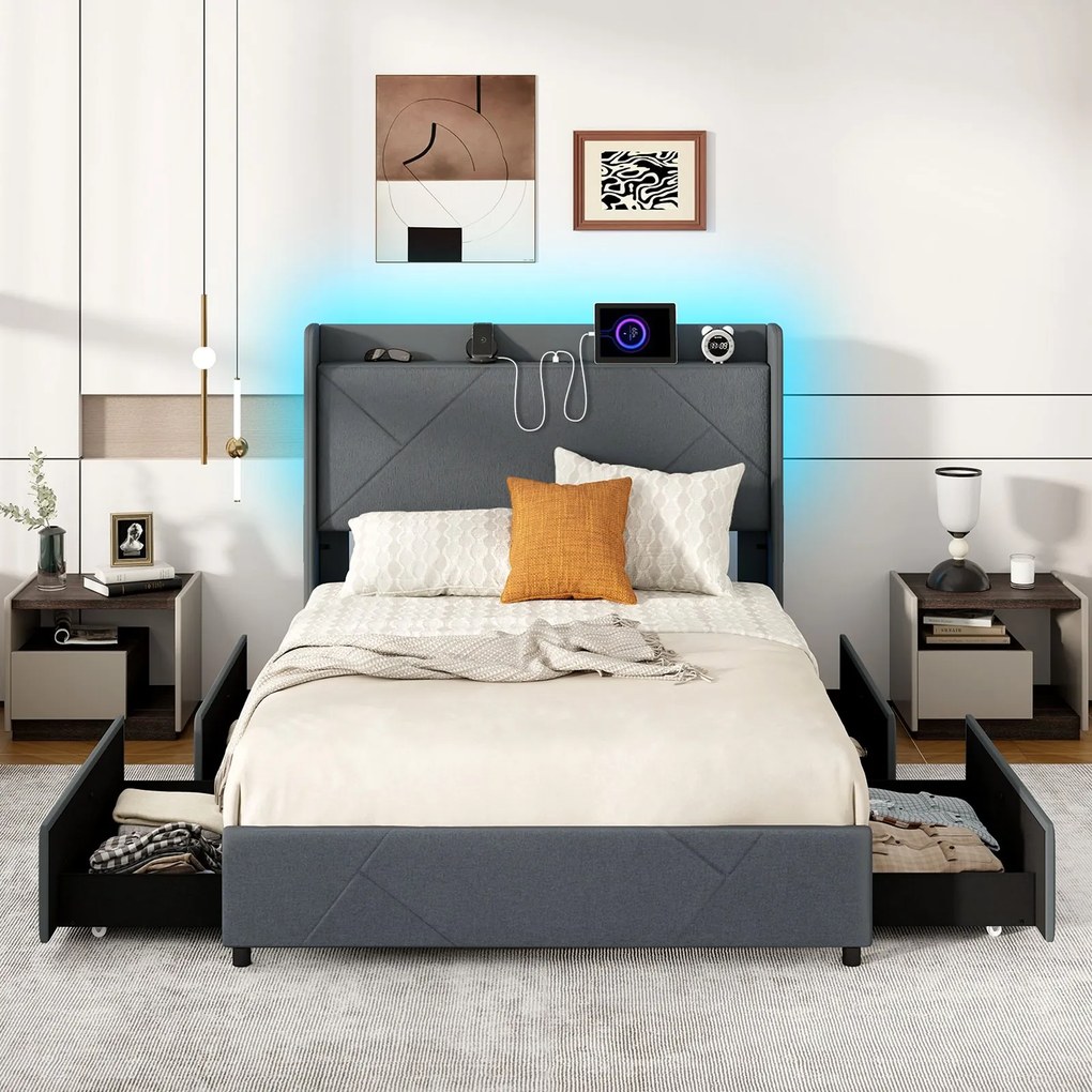 Cama 160x200 Iluminação LED e régua de energia USB-C e USB-A 4 gavetas 2 bolsos de armazenamento Estrutura de cama com base de ripas Cabeceira de armazenamento cinza