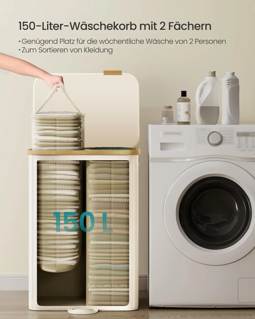 Cesto da roupa suja com tampa e saco removível 52 x 38,5 x 75 cm, 150 L, branco creme