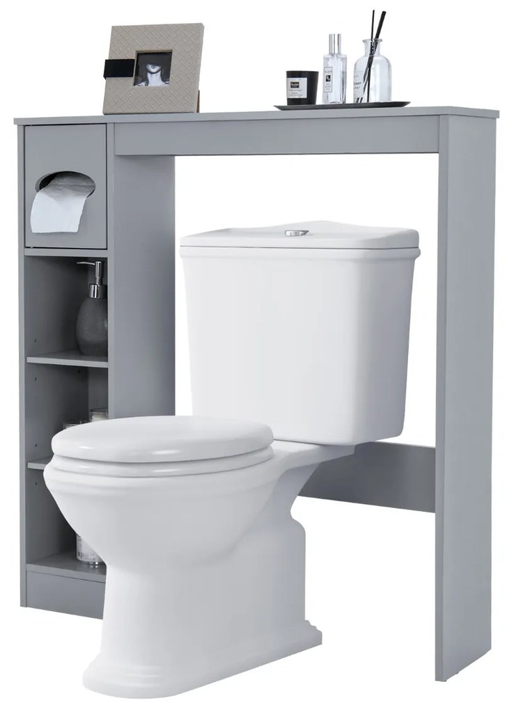 Armário de Casa de banho Sob a Sanita economiza espaço para o banheiro com almofadas ajustáveis ​​e almofada de suporte para rolo de papel higiênico 75,5x19,5x81,5cm Cinzento