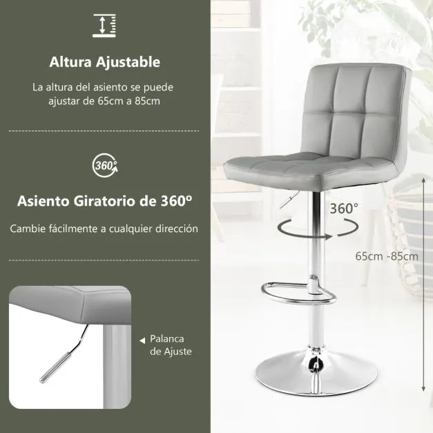 Conjunto de 2 bancos bar em pele sintética com assento giratório de altura regulável 360°, apoio para os pés e base metálica cinzentos
