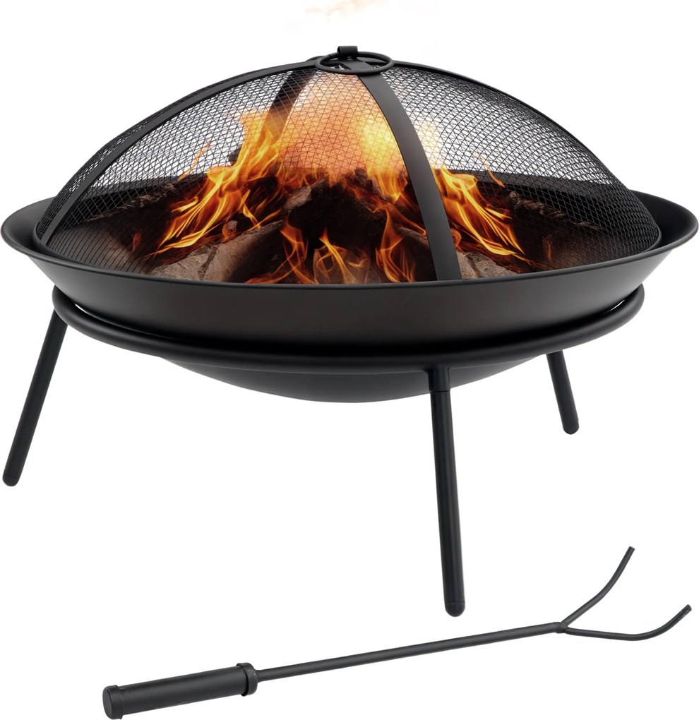 Outsunny Braseiro Exterior Metal Tampa Protetora Faíscas Atiçador Varanda Campismo Ar Livre Resistente Ø47x33 cm Preto | Aosom Portugal