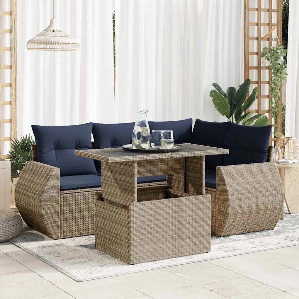 5 pcs conjunto sofás de jardim c/ almofadões acácia e vime PE