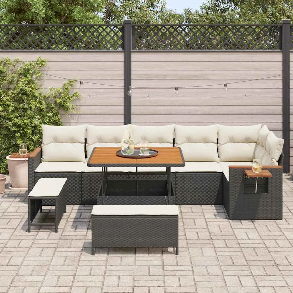 Conjunto de Sofá de Jardim com 9 Peças com Almofadas Preto Polirattan
