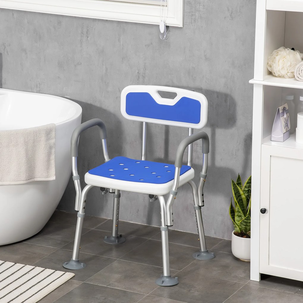 Banco de duche ergonómico com altura ajustável e pés antiderrapantes, 56,5 x 53,5 x 87 cm, branco e azul