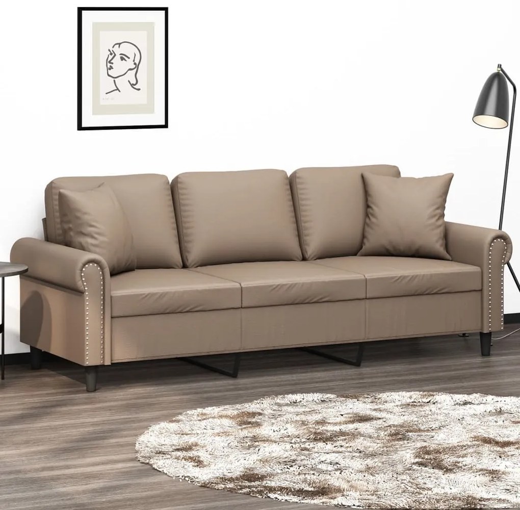 vidaXL Sofá 3 lug. c/ almofadas/almofadões couro artificial cappuccino