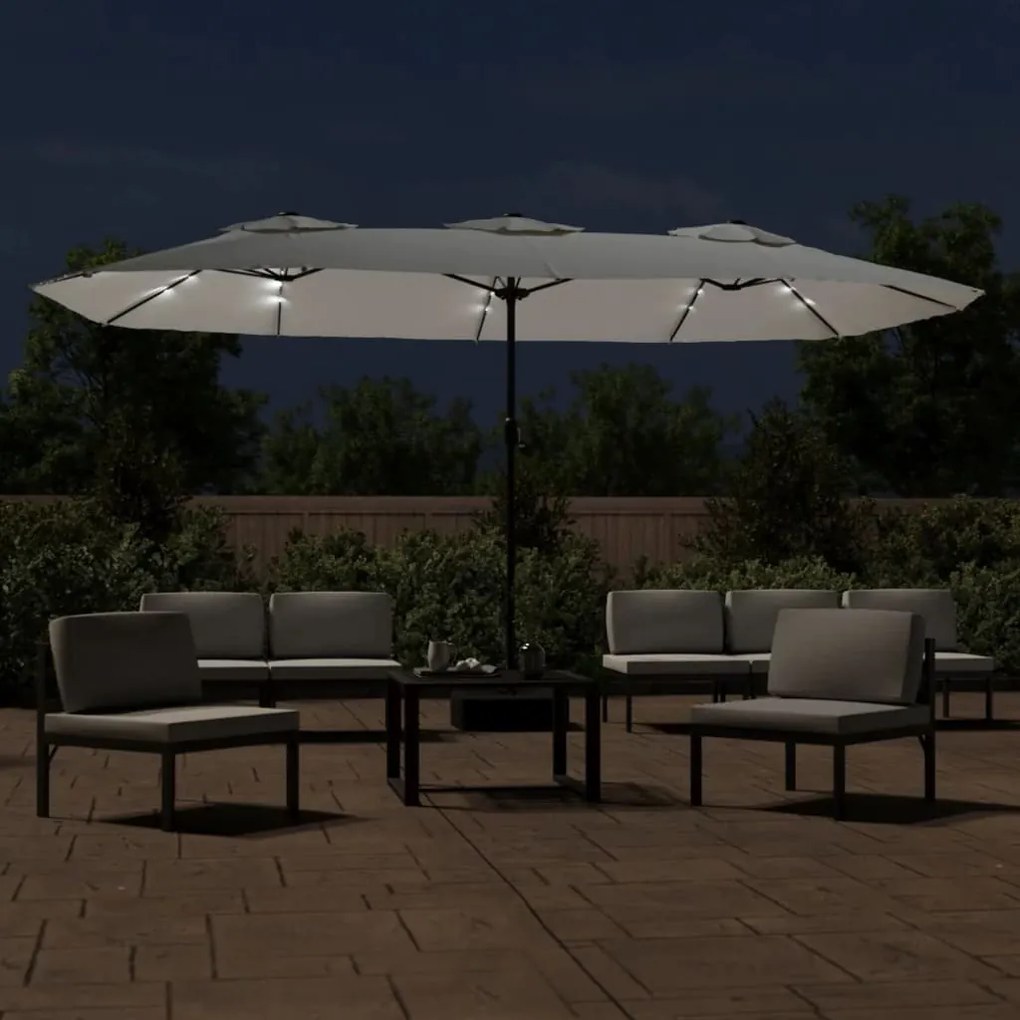 Guarda-sol de jardim c/ cabeça dupla/LED 449x245cm branco areia