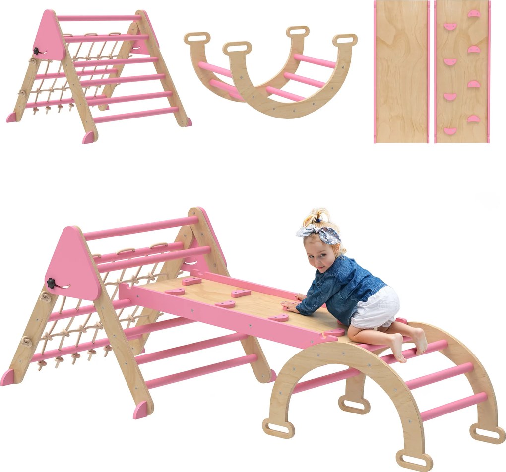 Triângulo de escalada infantil 8 em 1 com rampa de dupla face, arco de escalada em madeira com escorrega e escada, cor-de-rosa