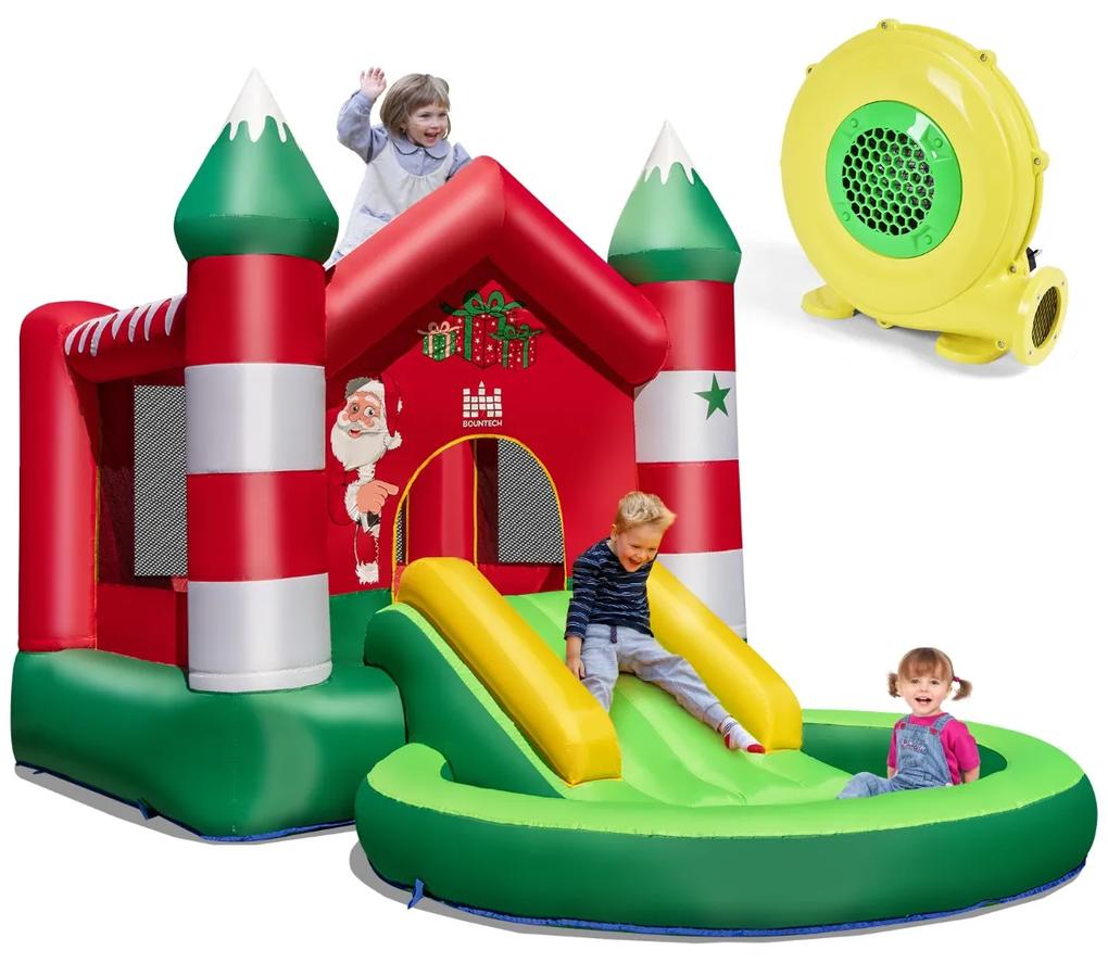 Castelo Insuflável Infantil com Soprador 480W Tema Natal Com Escorrega e  Piscina de Bolas 390 x 210 x 220 cm Vermelho e Verde