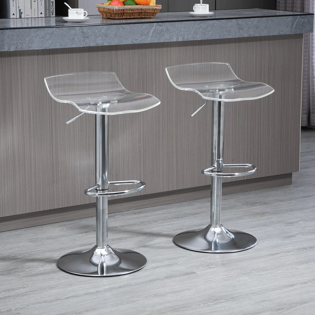 Conjunto de 2 bancos de bar com assento em acrílico e base em metal - giratórios a 360° - altura ajustável - transparentes