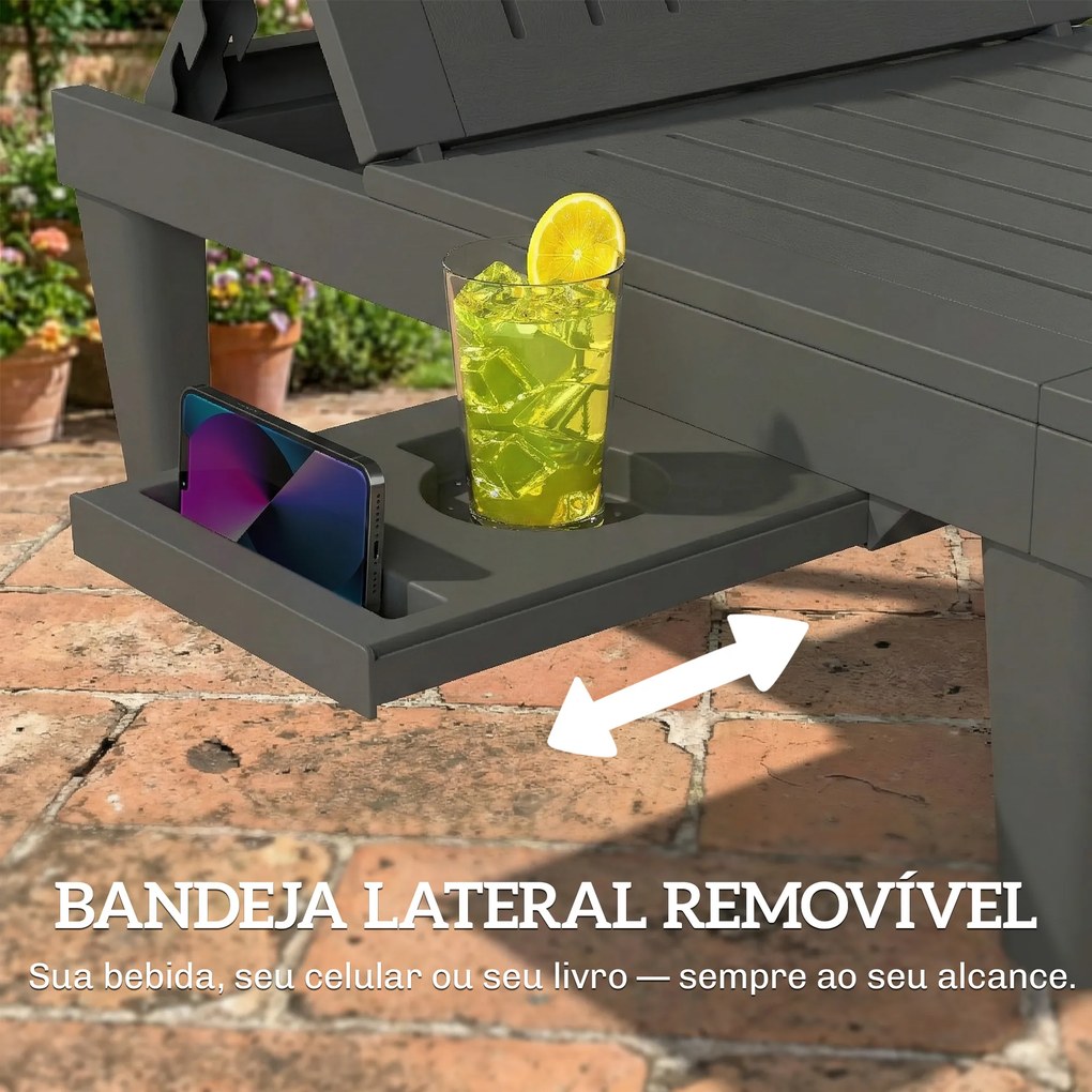 Conjunto de 2 Espreguiçadeiras Reclináveis de Plástico PP com Bandeja Lateral Encosto Ajustável em 5 Posições 192x57x28,5 cm Cinzento
