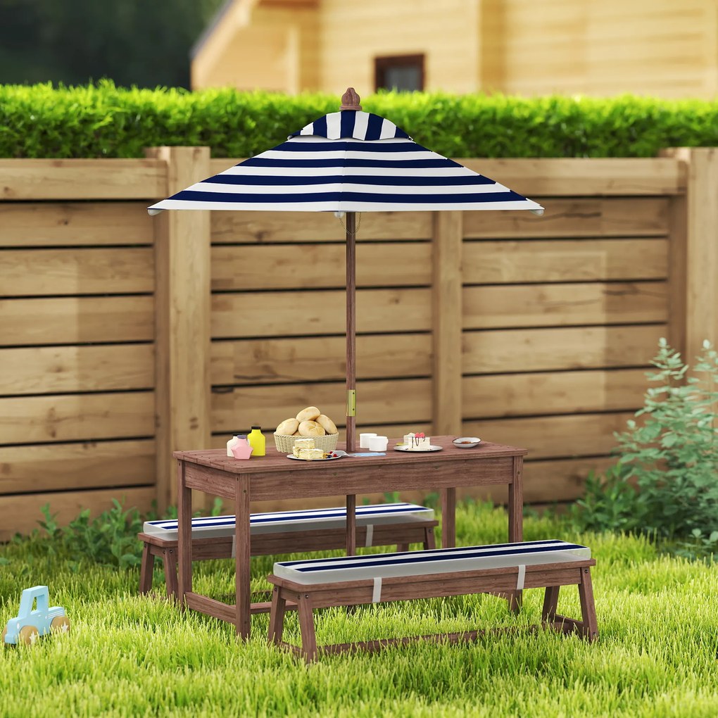 Conjunto de mobiliário de jardim para crianças, com almofadas e guarda-sol amovível, às riscas em azul-marinho e branco