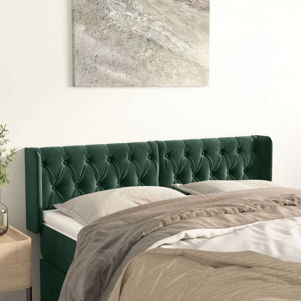 Cabeceira de cama c/ abas veludo 163x16x78/88cm verde-escuro