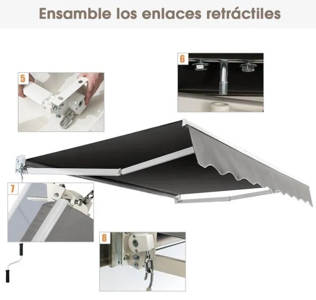 Toldo retrátil 245 x 200 cm com manivela manual para parede, porta, janela Cinzento