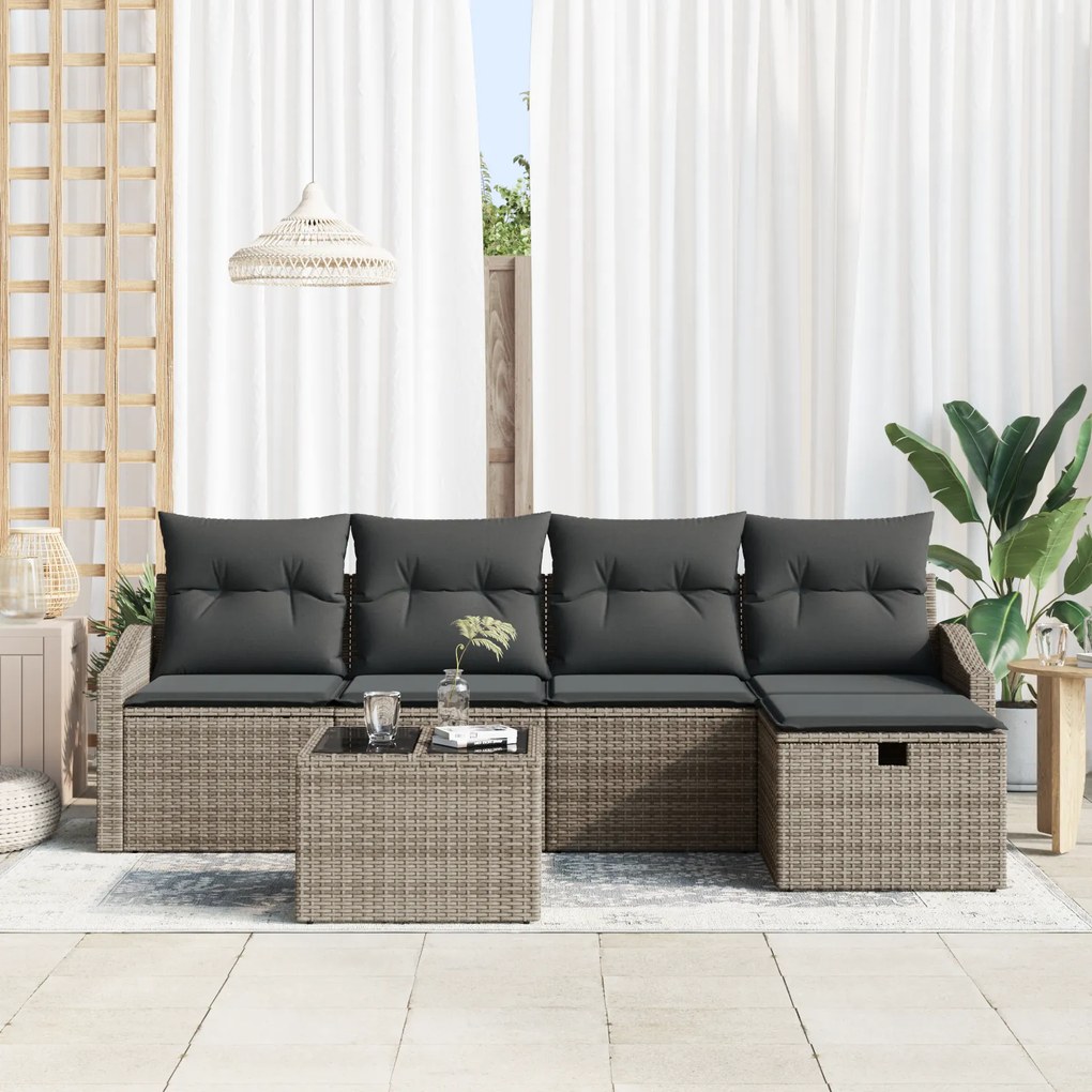 Conjunto de Sofás de Jardim de 6 Peças com Almofadas Cinza Poliratan