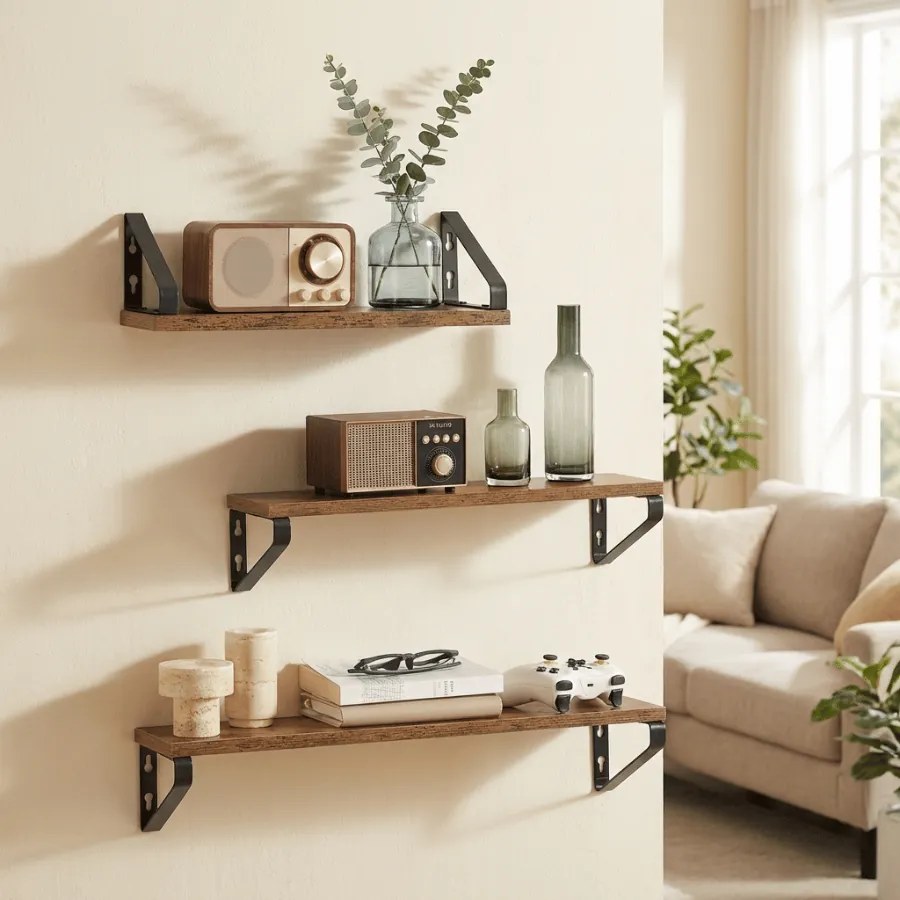 Conjunto de 3 prateleiras suspensa de parede, 3 tamanhos castanho-preto