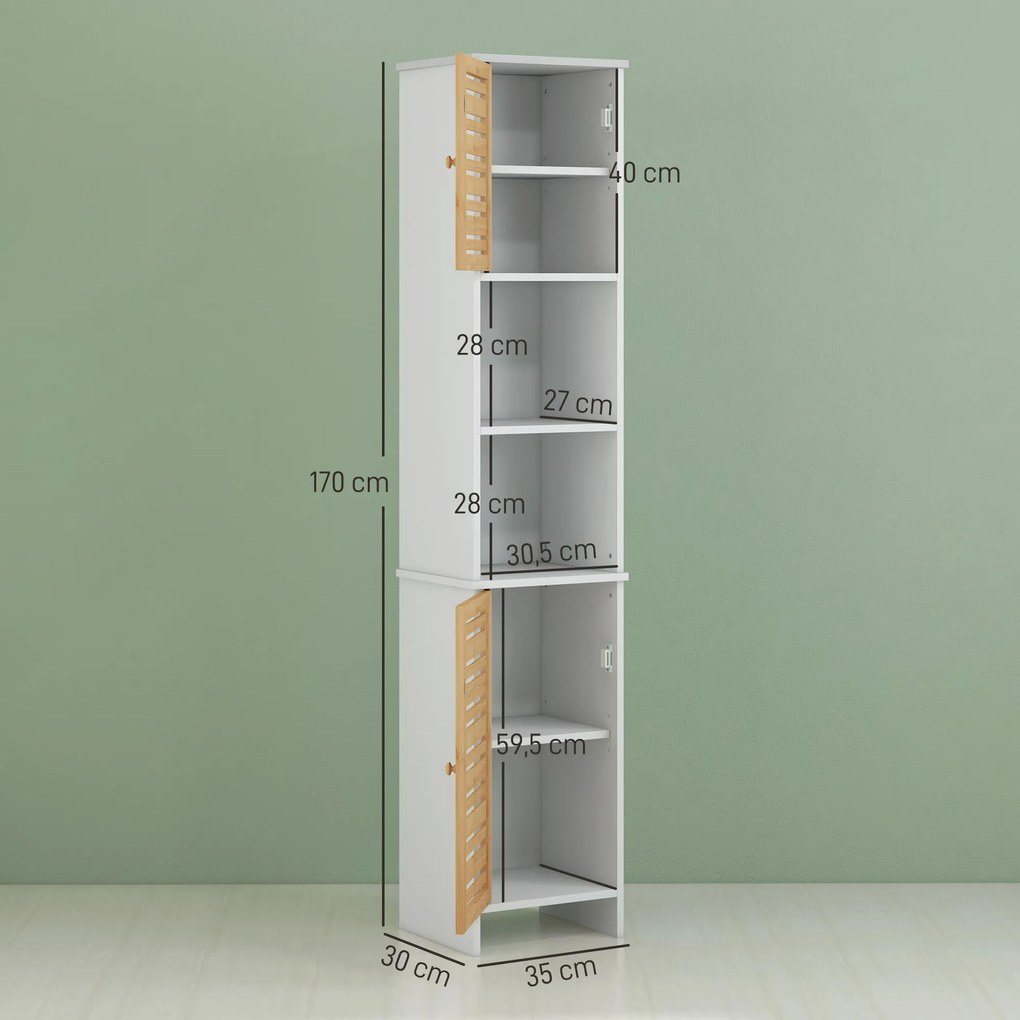 Coluna Casa de Banho Móvel Auxiliar Casa de Banho com Prateleiras Ajustáveis e Portas de Bambu 35x30x170 cm Branco e Madeira
