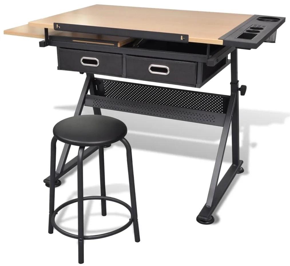 Mesa de desenho com tampo inclinável/banco/2 gavetas