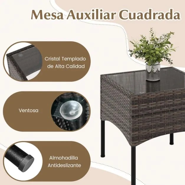 Conjunto de móveis jardim de vime de rattan de 3 peças com cadeiras almofadadas Mesa de centro de vidro temperado para varanda, pátio e pátio preto e