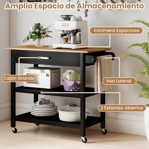 Carrinho de cozinha 106 cm x 50 cm x 89 cm com bancada de madeira, gaveta, 2 prateleiras abertas, barra para pendurar e rodas com travão, natural e pr