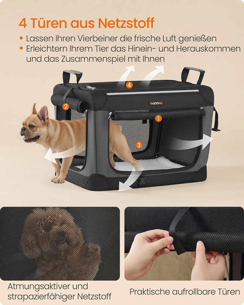 Transportadora dobrável para animais estimação 60 x 42 x 42 cm com 4 portas em tecido de rede Preto