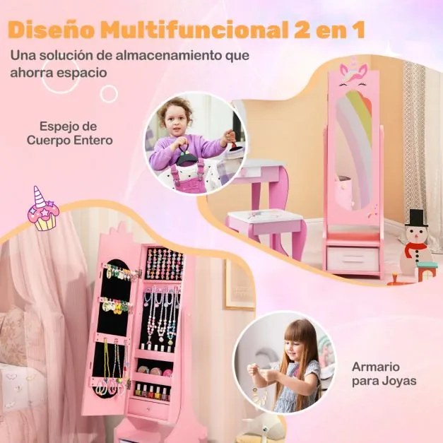 Armarios para crianças Espelho de corpo inteiro independente com arrumação para crianças com ganchos, estantes e gavetas Rosa