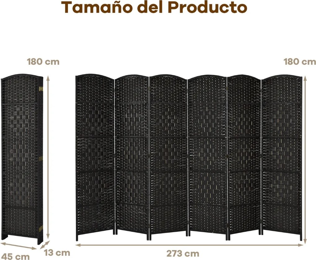 Biombo dobrável de 6 painéis 270,5 x 1,5 x 180 cm com moldura em madeira natural para escritório em casa ou sala de estar Preto