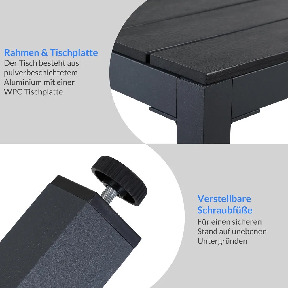 Conjunto de jardim Bern, 9 peças com 8 cadeiras e mesa 180 x 90 x 74 cm em alumínio e tampo WPC antracite e preto