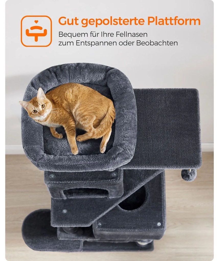 Arranhador para gatos com 2 plataformas e 2 cavernas 49 x 40 x 155 cm cinzento escuro