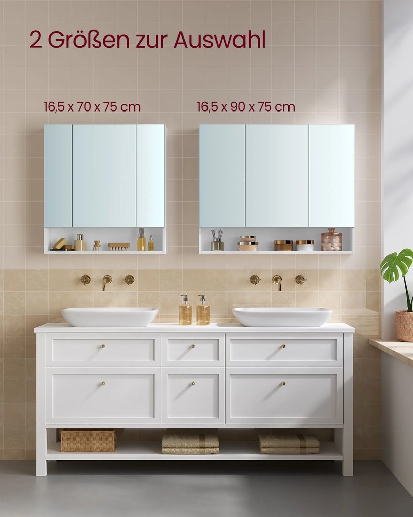Armário de casa de banho parede com 3 portas 16,5 x 90 x 75 cm branco