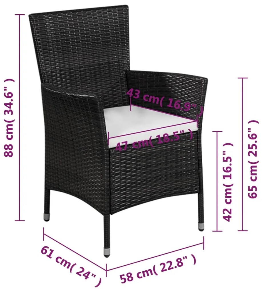 3 pcs conjunto bistrô vime PE preto