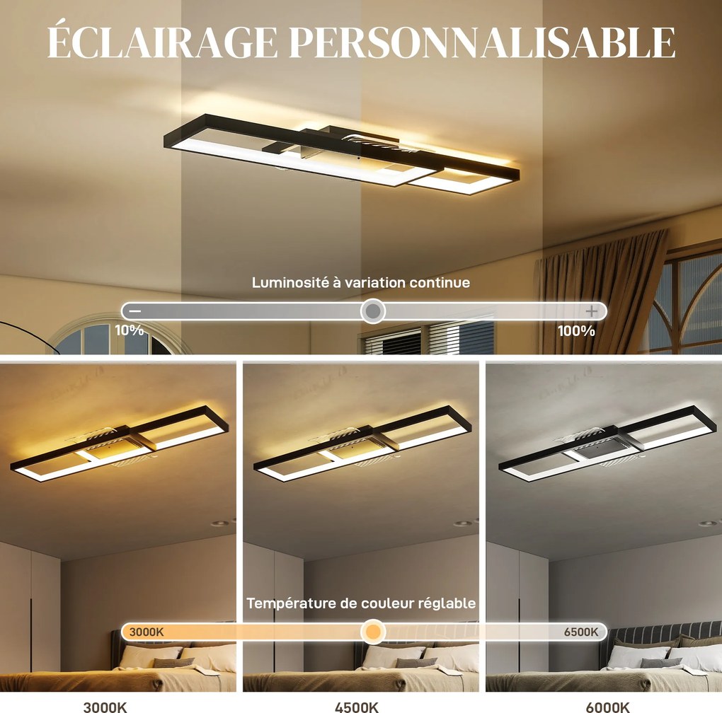 Candeeiro de teto LED 70 x 30 cm retangular de 43 W, luminária de teto 3000-6000 K, 4600 LM, comando à distância, preto