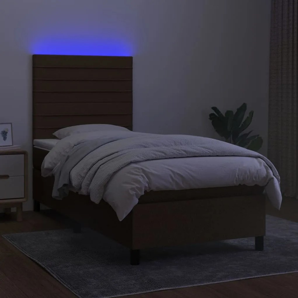 Cama box spring c/ colchão/LED 100x200cm tecido castanho-escuro