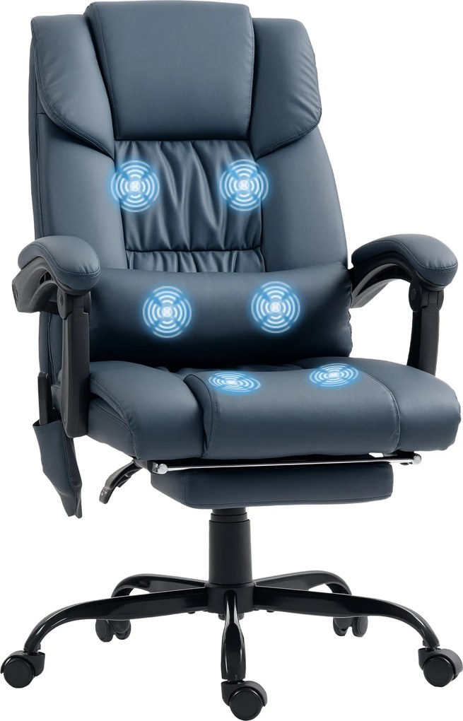 Cadeira de escritório com função de massagem, apoio para os pés, altura ajustável, encosto reclinável, comando com fio, 66 x 75 x 122 cm, azul