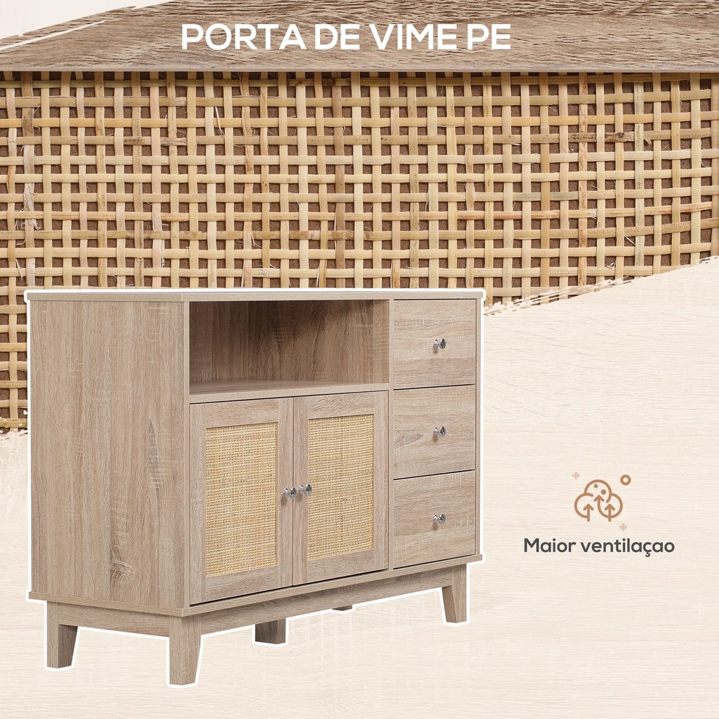 HOMCOM Aparador de Cozinha com 2 Portas de Vime 3 Gavetas e Prateleira Aberta Móvel Buffet Auxiliar para Sala de Jantar Anti-Tombo 110x40x76cm Carvalho