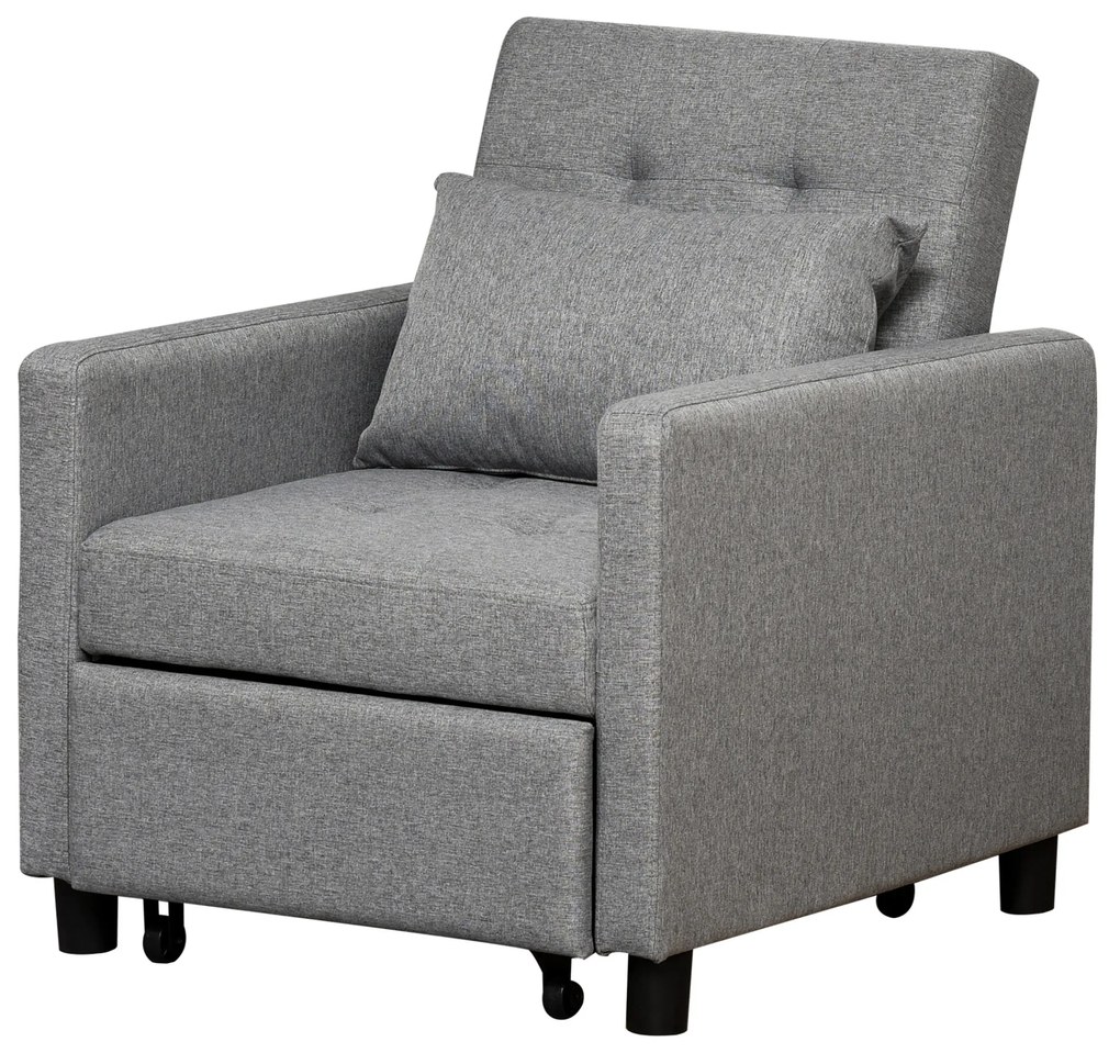 HOMCOM Sofá-cama Individual Poltrona com encosto reclinável Almofada removível Assento acolchoado e 4 rodas 69x77x84 cm Cinza