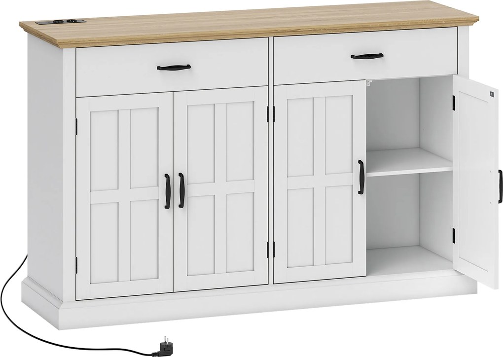 HOMCOM Aparador com porta USB e tomada múltipla, móvel TV com 2 armários com portas estilo celeiro, 2 gavetas e prateleiras ajustáveis, branco | Aosom Portugal