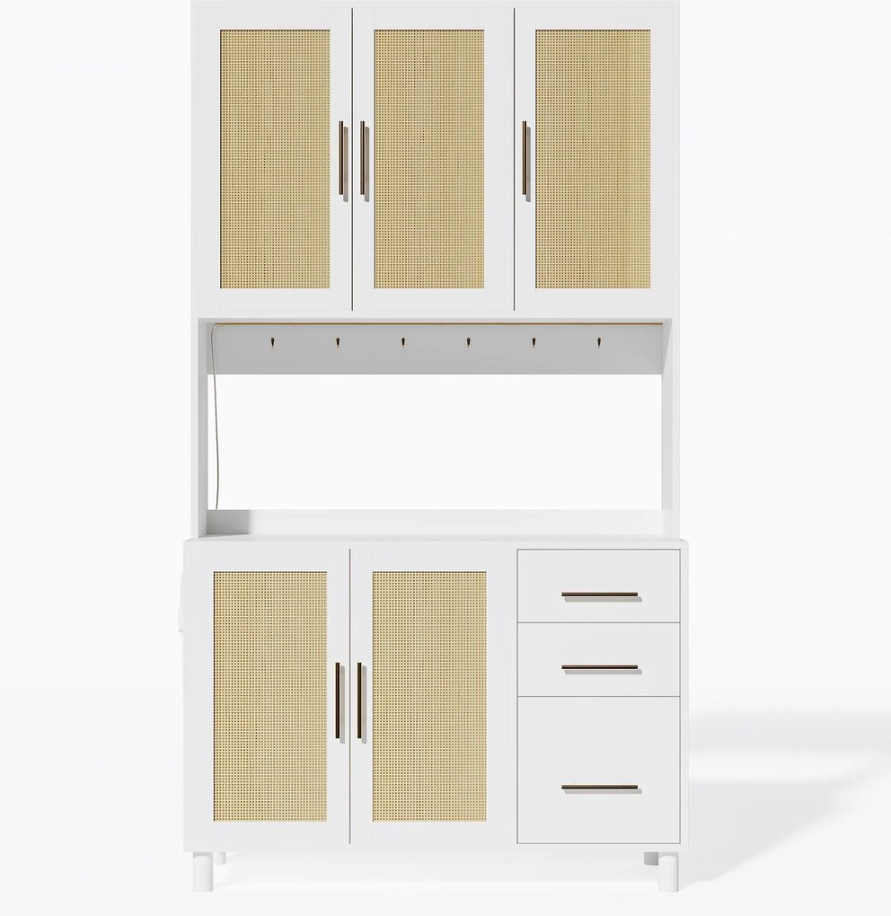 Móvel de cozinha com acabamento em rattan trançado e puxadores metálicos dourados, luzes LED decorativas, 100x40x183 cm, Branco| AOSOM Portugal