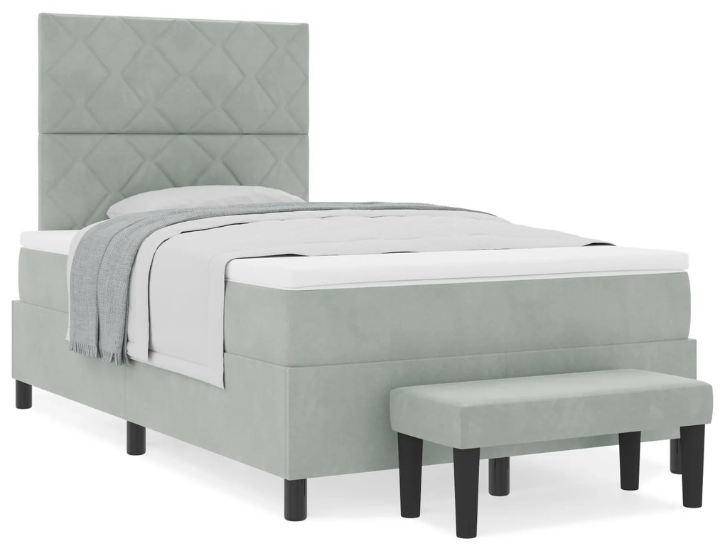 Cama Box Spring com Colchão e Banco Cinza Claro 120x200 cm Veludo