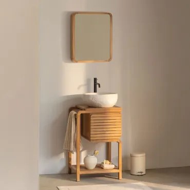 Conjunto De Móvel De Casa De Banho Em Madeira De Teca Bradley Irregular Em Cimento Branco ??40 Cm Fedro & Rectangular Esquina Arredondada - Sklum