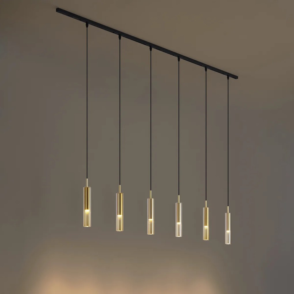 Sistema de calhas de iluminação moderno preto com 6 candeeiros suspensos dourados com vidro âmbar monofásico - Slimline Loyce