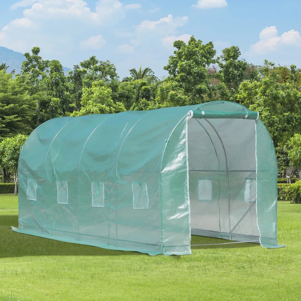 Estufa tipo Túnel 500x200x205 cm Estufa de Jardim com Porta Enrolável e 8 Janelas Cobertura de PE 140 g/m² Verde